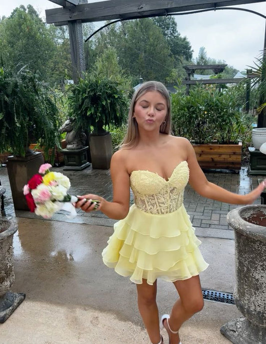 Sweetheart A Line Yellow Chiffon Layered Homecoming Dress  P1496