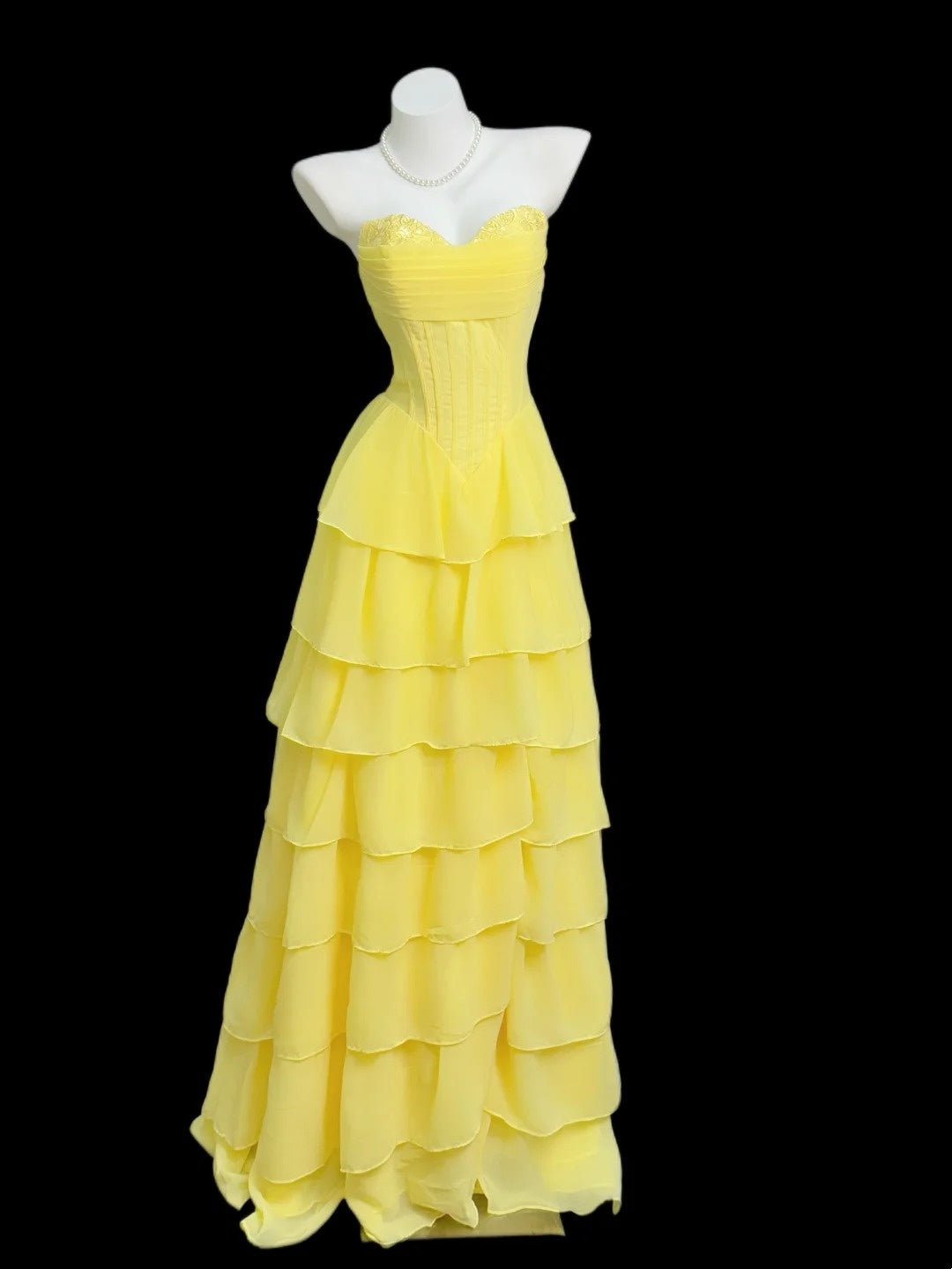 Sweetheart A Line Yellow Layered Prom Dress Ruffled Wedding Guest Dress  P1697