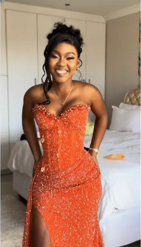Sweetheart Black Girl Orange Mermaid Sequin Prom Dress With Slit  P1219