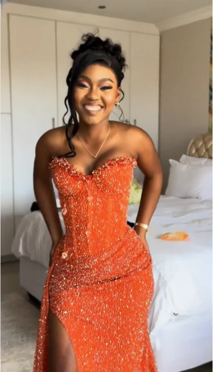 Sweetheart Black Girl Orange Mermaid Sequin Prom Dress With Slit  P1219