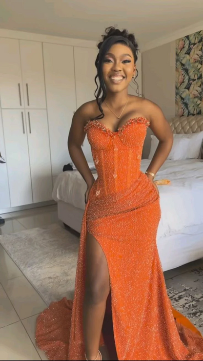 Sweetheart Black Girl Orange Mermaid Sequin Prom Dress With Slit  P1219