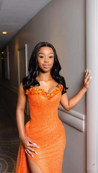 Sweetheart Black Girl Orange Mermaid Sequin Prom Dress With Slit  P1219