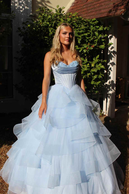 Sweetheart Blue A-Line Layered Ruffles Long Prom Dress  P2434