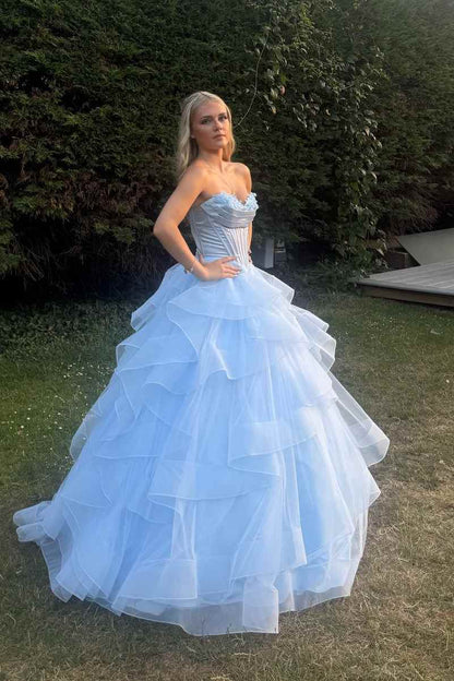 Sweetheart Blue A-Line Layered Ruffles Long Prom Dress  P2434