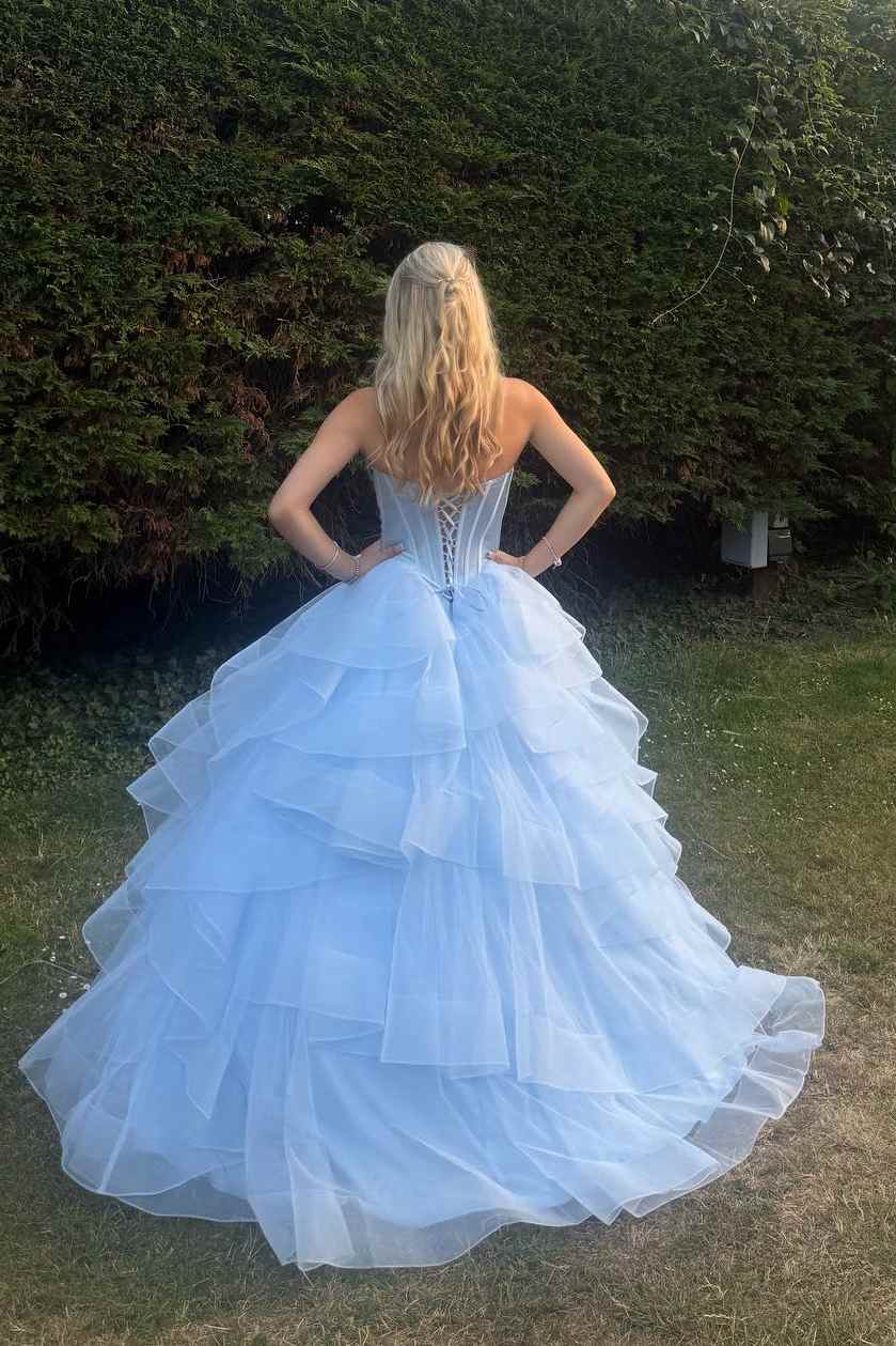 Sweetheart Blue A-Line Layered Ruffles Long Prom Dress  P2434