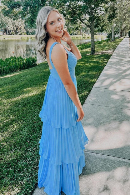 Sweetheart Blue Prom Dress With Ruffles Formal Wedding Guest Dress  P2517