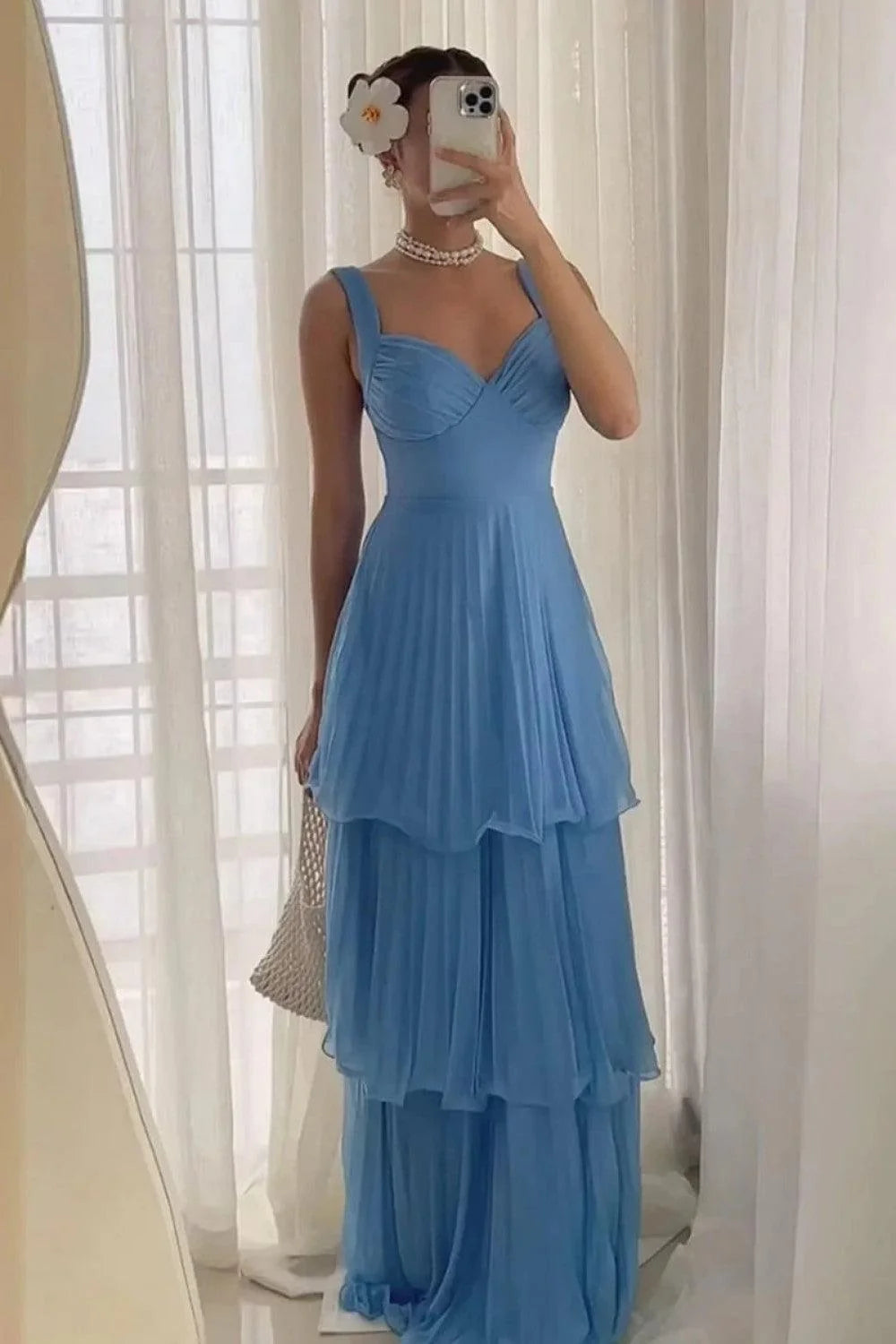 Sweetheart Blue Prom Dress With Ruffles Formal Wedding Guest Dress  P2517