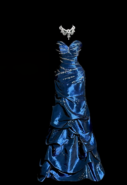 Sweetheart Blue Retro Prom Dress Beaded Evening Gown  P2606