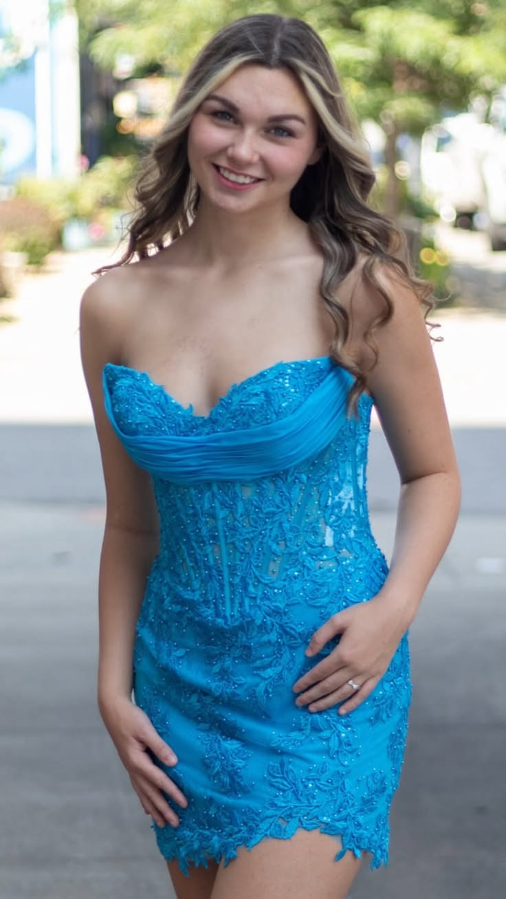 Sweetheart Blue Sheath Mini Homecoming Dress With Appliques   P2242