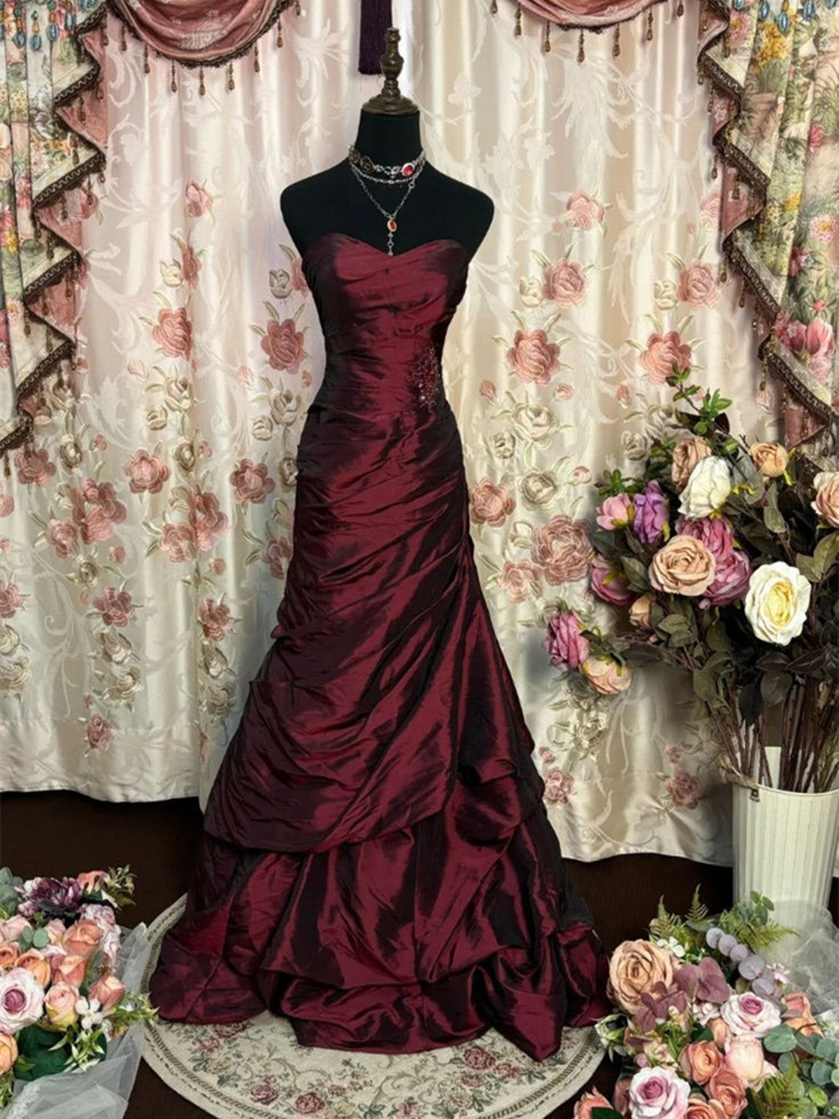 Sweetheart Burgundy Sheath Taffeta Prom Dress Vintage Evening Dress  P983