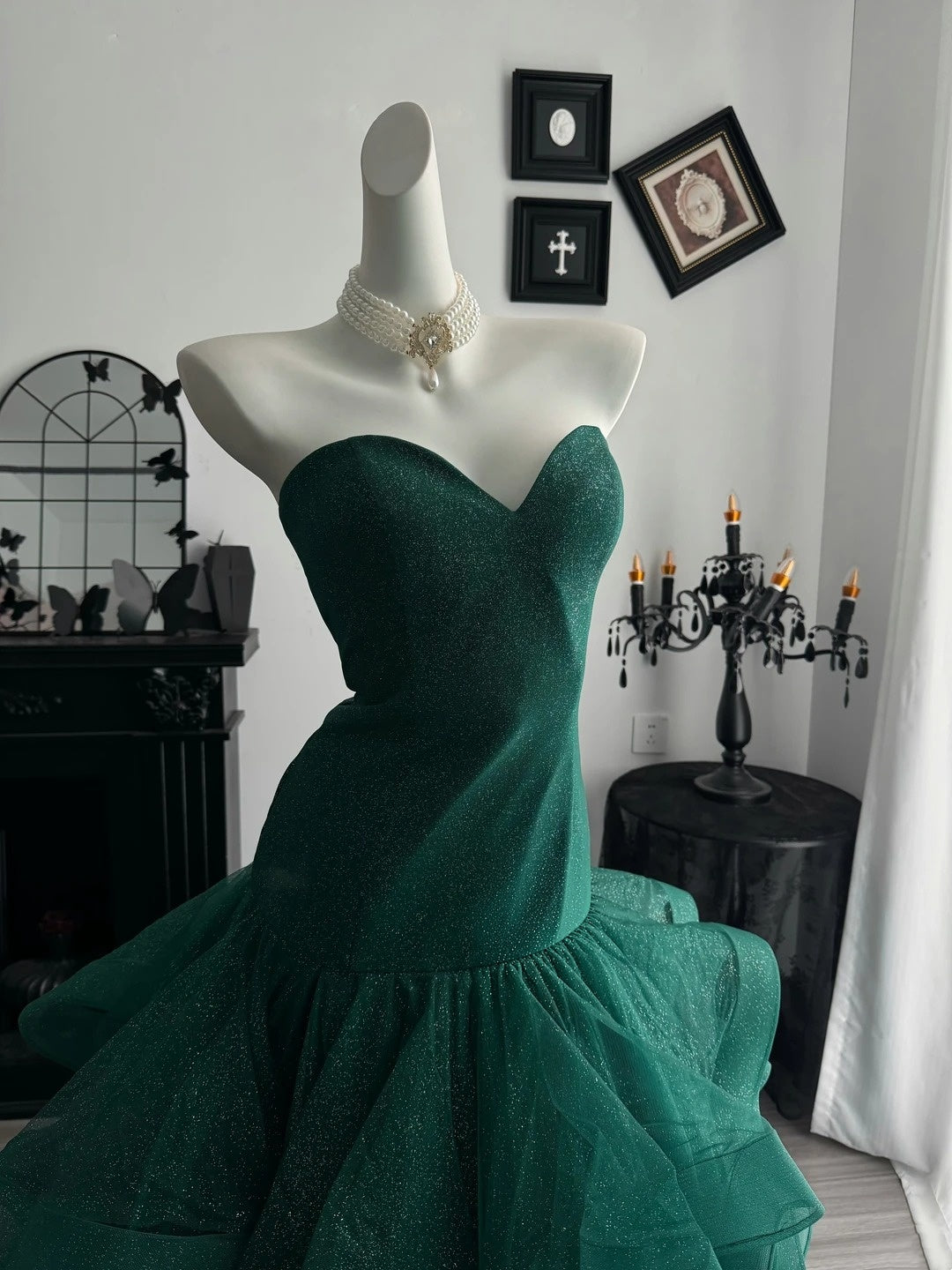 Sweetheart Dark Green Sparkle Prom Dress Tulle Evening Gown  P2400