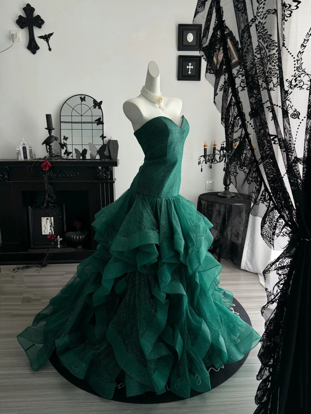 Sweetheart Dark Green Sparkle Prom Dress Tulle Evening Gown  P2400