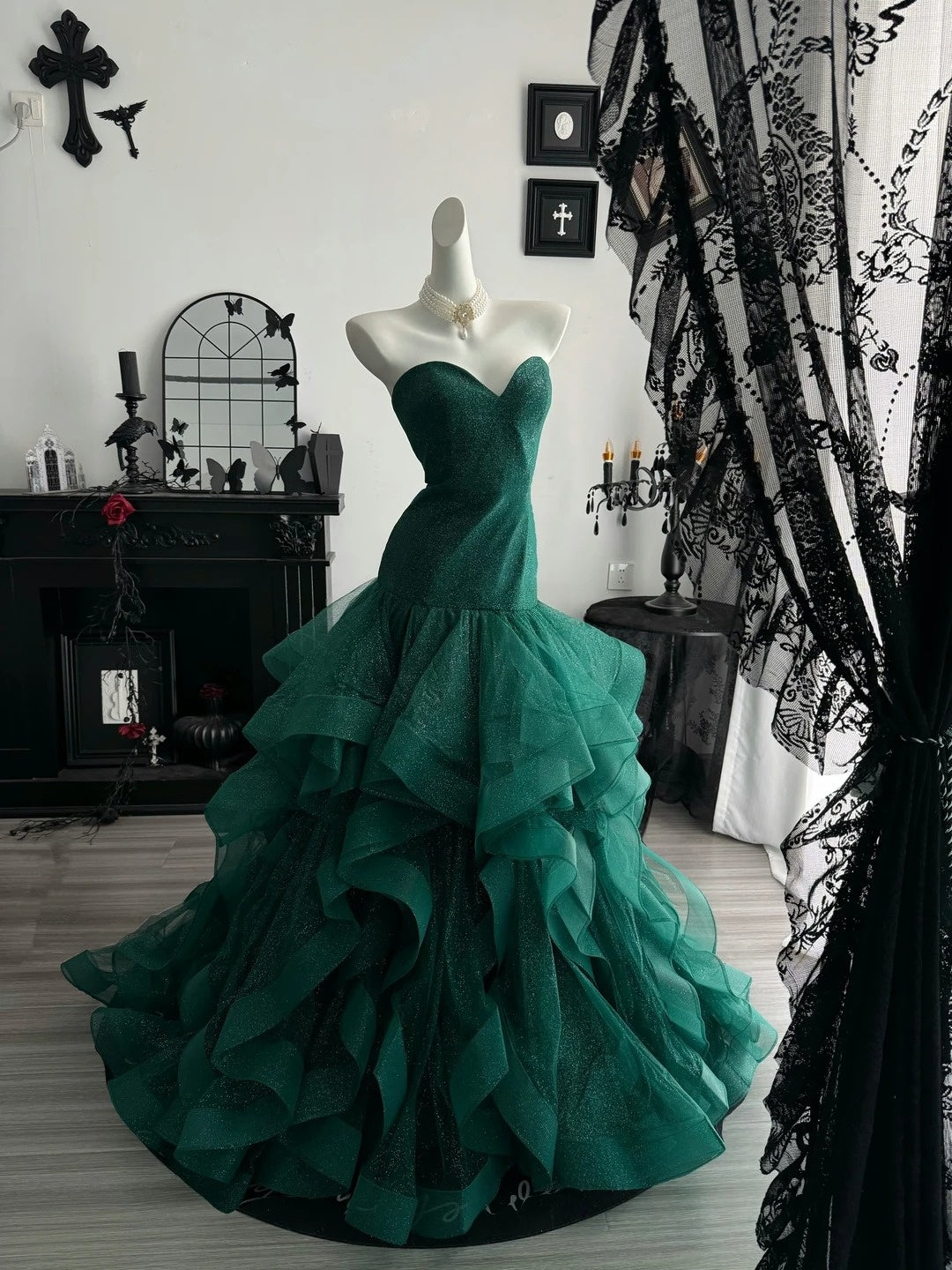 Sweetheart Dark Green Sparkle Prom Dress Tulle Evening Gown  P2400