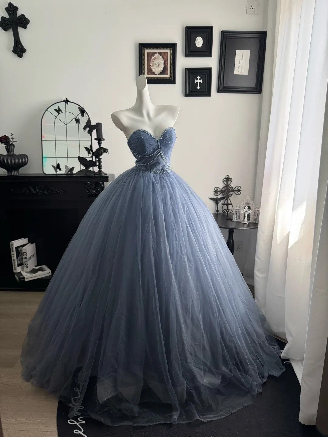 Sweetheart Gray Blue A Line Prom Dress Beaded Birthday Dress  P1319