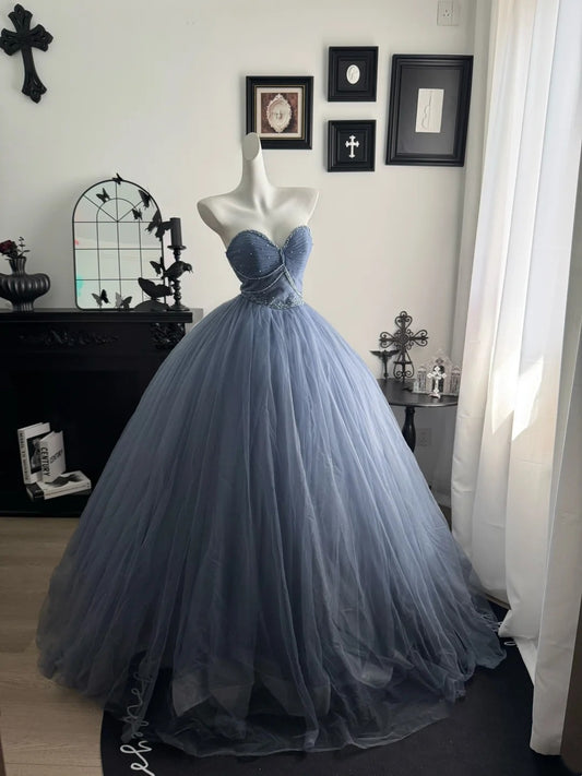 Sweetheart Gray Blue A Line Prom Dress Beaded Birthday Dress  P1319