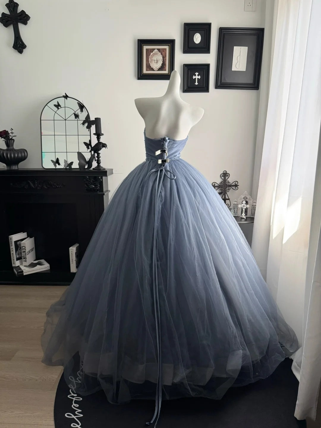 Sweetheart Gray Blue A Line Prom Dress Beaded Birthday Dress  P1319