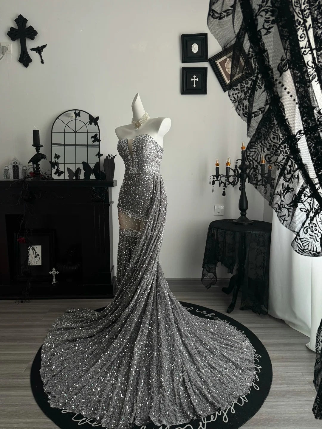Sweetheart Gray Sequin Mermaid Prom Dress Beaded Black Girl Formal Dress  P2064