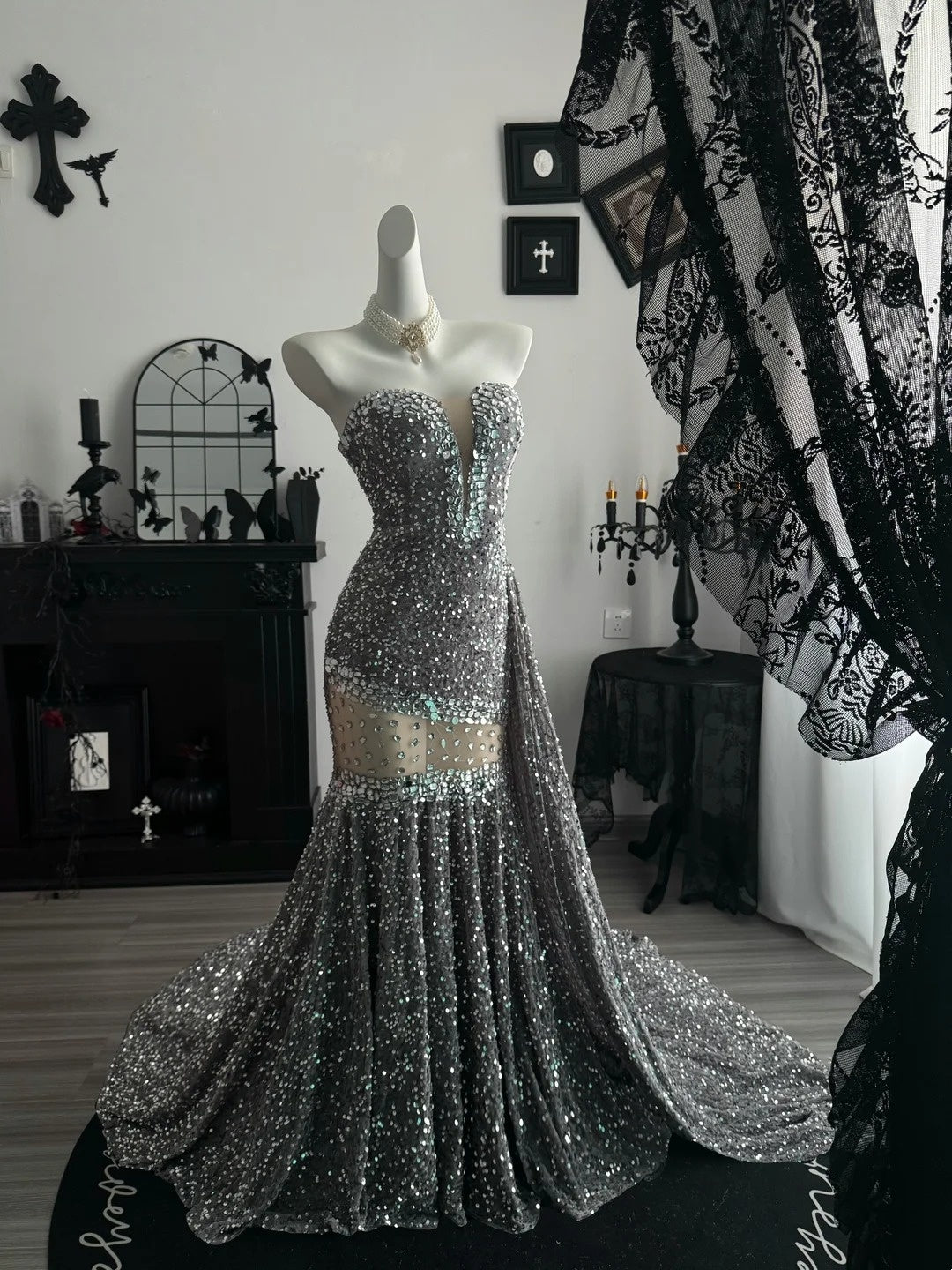 Sweetheart Gray Sequin Mermaid Prom Dress Beaded Black Girl Formal Dress  P2064