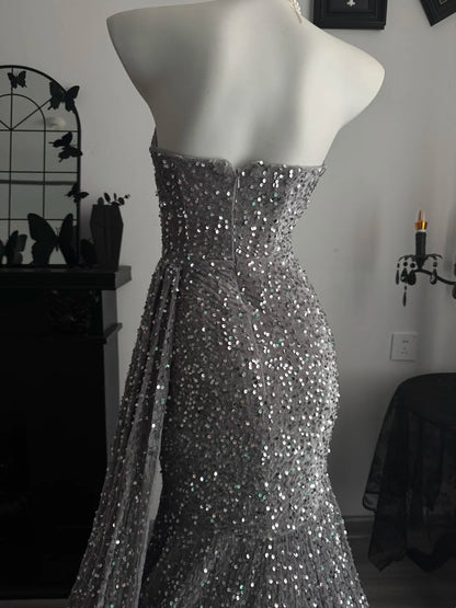 Sweetheart Gray Sequin Mermaid Prom Dress Beaded Black Girl Formal Dress  P2064
