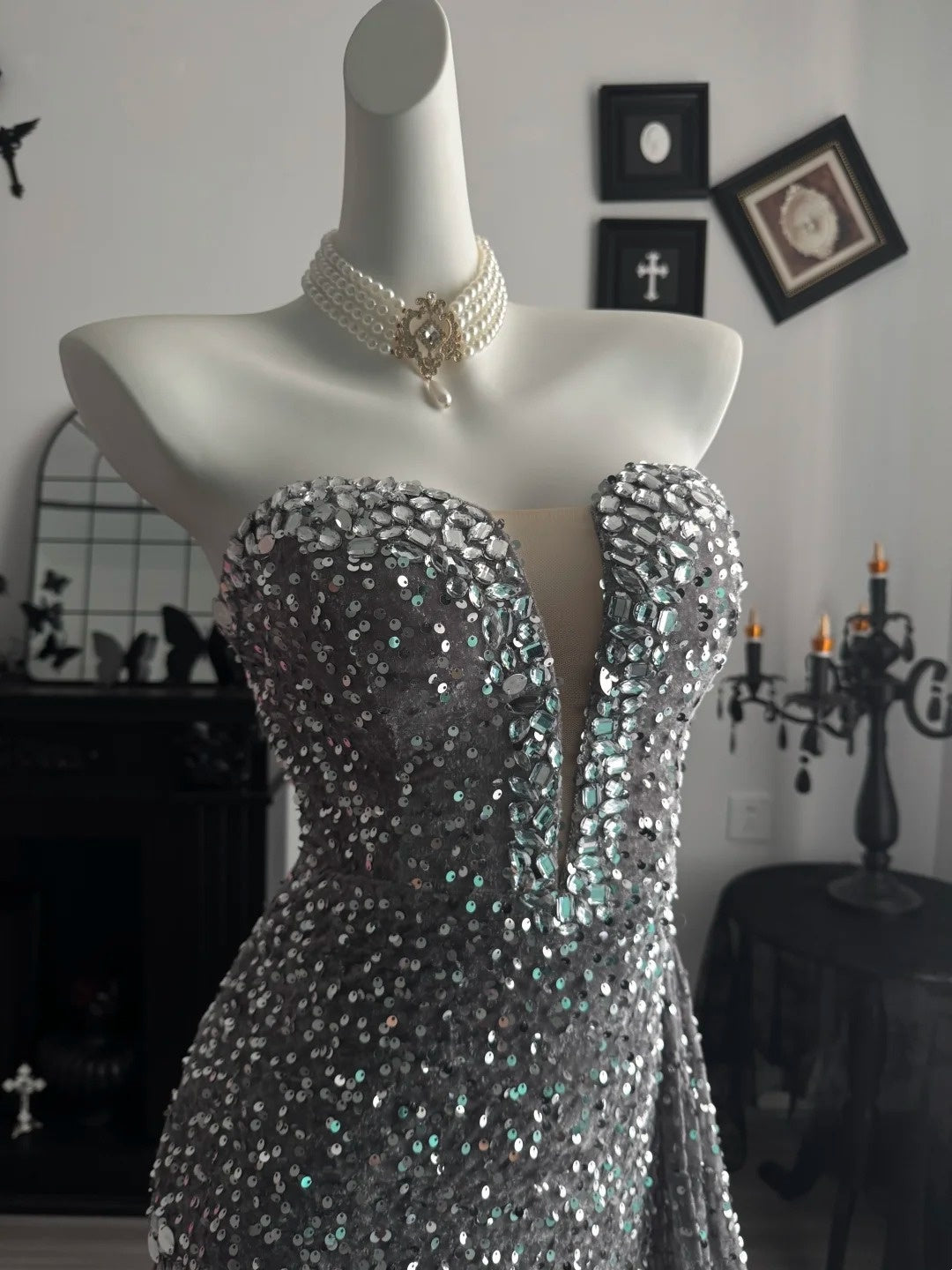 Sweetheart Gray Sequin Mermaid Prom Dress Beaded Black Girl Formal Dress  P2064