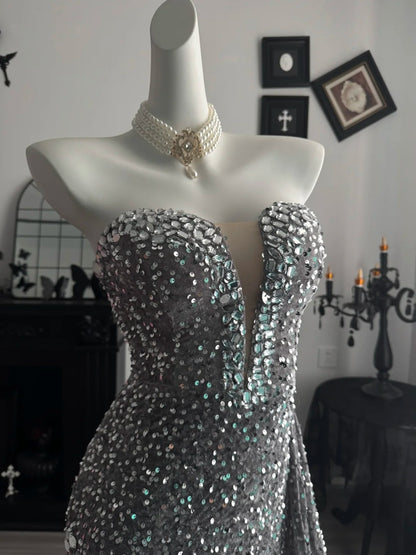 Sweetheart Gray Sequin Mermaid Prom Dress Beaded Black Girl Formal Dress  P2064