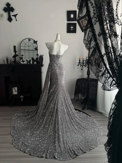 Sweetheart Gray Sequin Mermaid Prom Dress Beaded Black Girl Formal Dress  P2064