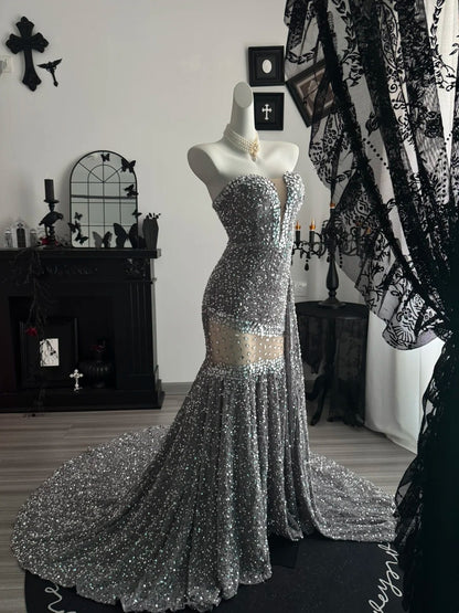 Sweetheart Gray Sequin Mermaid Prom Dress Beaded Black Girl Formal Dress  P2064