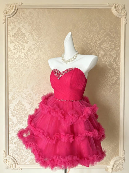 Sweetheart Hot Pink A Line Homecoming Dress Ruffled Short Party Dress  P1318