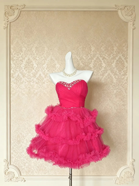 Sweetheart Hot Pink A Line Homecoming Dress Ruffled Short Party Dress  P1318