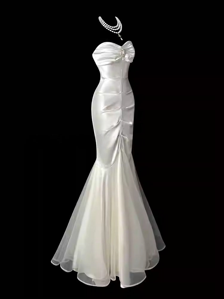 Sweetheart Ivory Mermaid Satin Prom Dress Formal Evening Dress  P695