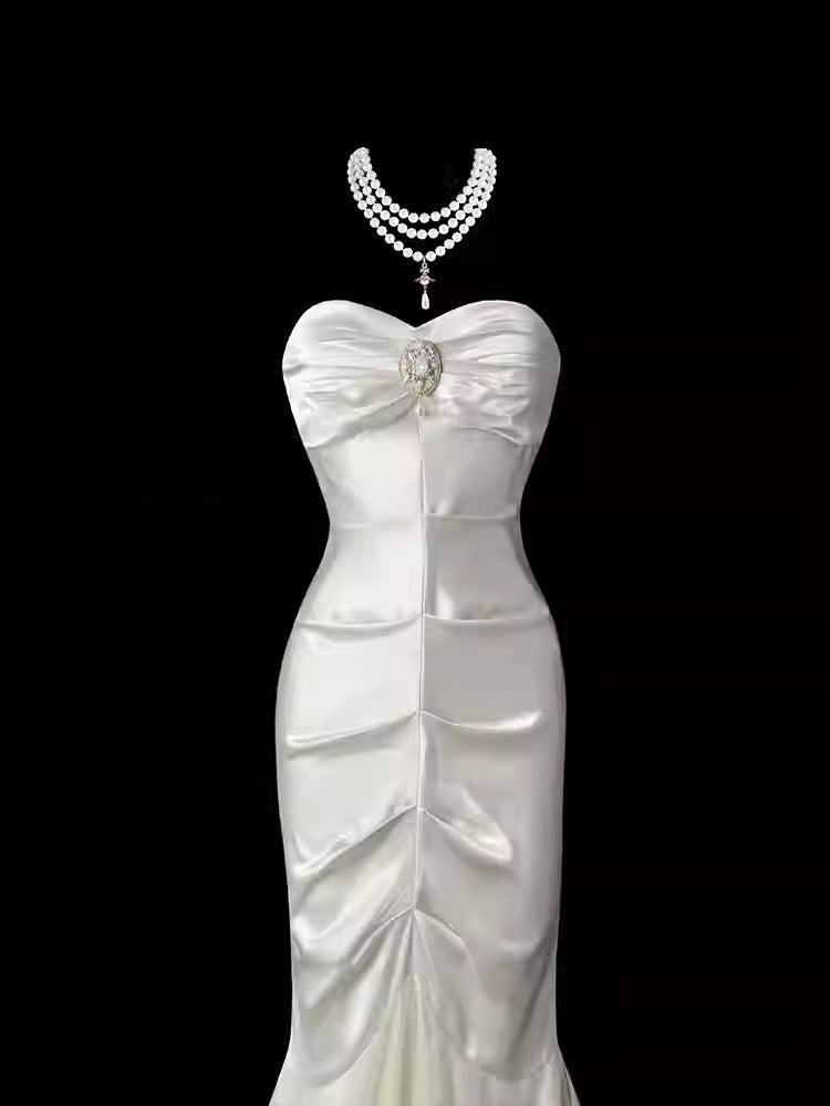 Sweetheart Ivory Mermaid Satin Prom Dress Formal Evening Dress  P695