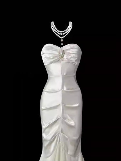 Sweetheart Ivory Mermaid Satin Prom Dress Formal Evening Dress  P695
