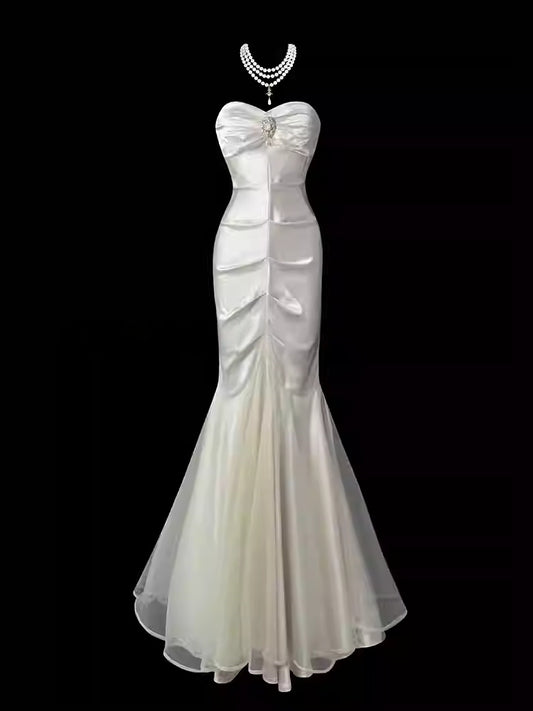 Sweetheart Ivory Mermaid Satin Prom Dress Formal Evening Dress  P695