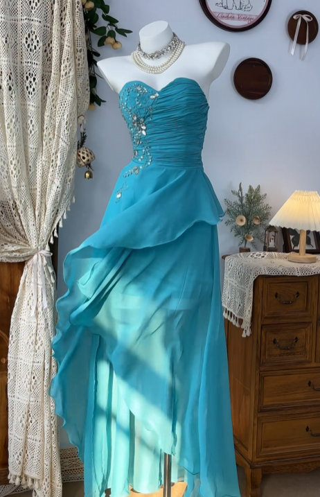 Sweetheart Lake Blue Chiffon Wedding Guest Dress Formal Prom Dress  P1480