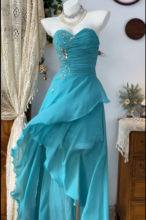 Sweetheart Lake Blue Chiffon Wedding Guest Dress Formal Prom Dress  P1480