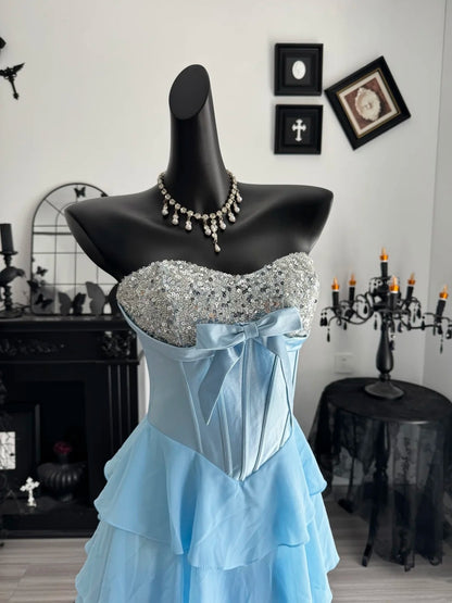 Sweetheart Layered Blue Chiffon Formal Prom Dress A Line Evening Gown  P2402