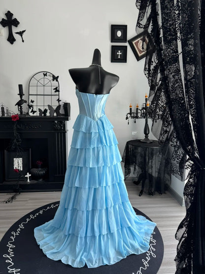 Sweetheart Layered Blue Chiffon Formal Prom Dress A Line Evening Gown  P2402