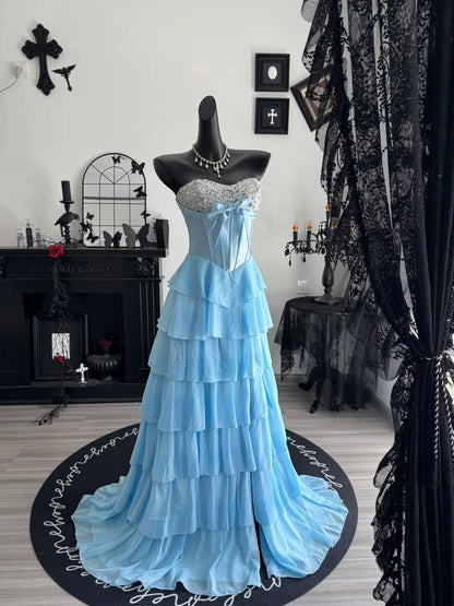 Sweetheart Layered Blue Chiffon Formal Prom Dress A Line Evening Gown  P2402
