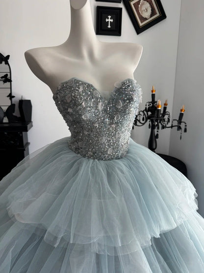 Sweetheart Layered Blue Tulle Formal Prom Dress A Line Birthday Gown   P2393