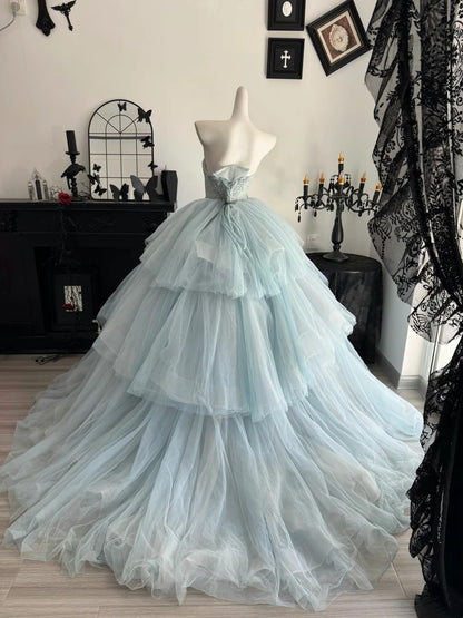 Sweetheart Layered Blue Tulle Formal Prom Dress A Line Birthday Gown   P2393