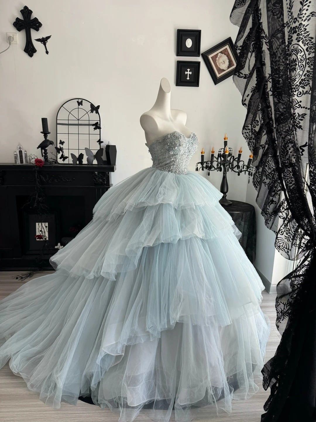 Sweetheart Layered Blue Tulle Formal Prom Dress A Line Birthday Gown   P2393