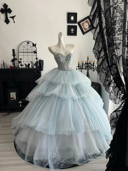 Sweetheart Layered Blue Tulle Formal Prom Dress A Line Birthday Gown   P2393