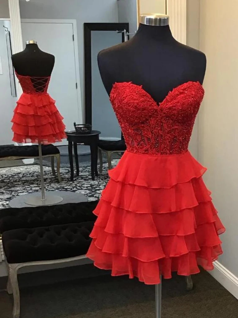 Sweetheart Layered Red Lace Homecoming Dresses  P2314