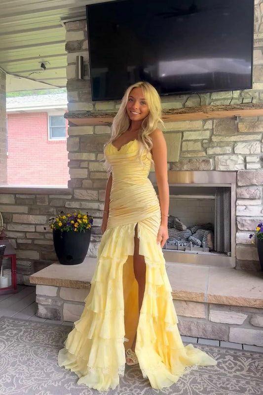Sweetheart Layered Yellow Tiered Long Prom Dress With Slit  P2475
