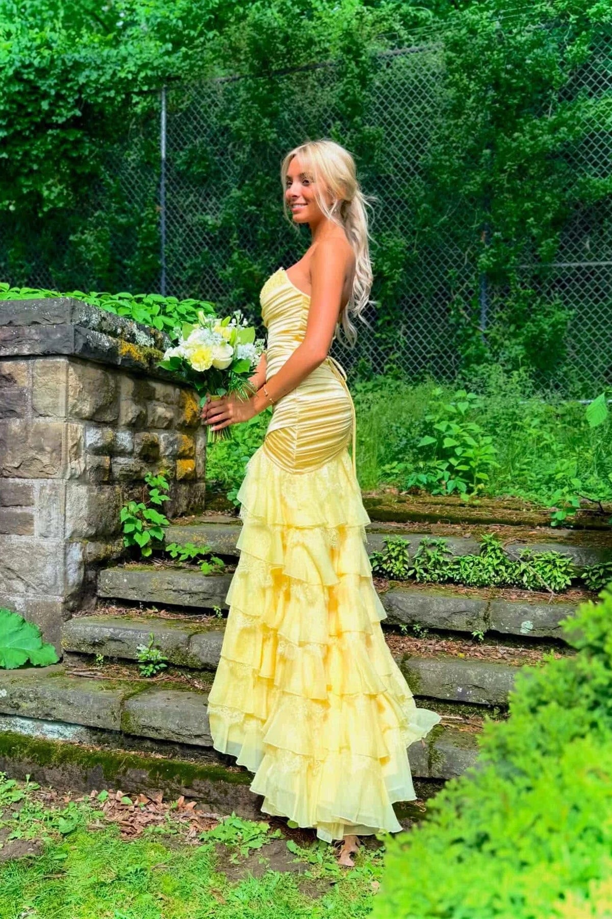 Sweetheart Layered Yellow Tiered Long Prom Dress With Slit  P2475