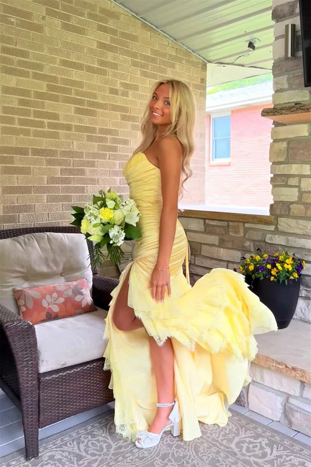Sweetheart Layered Yellow Tiered Long Prom Dress With Slit  P2475