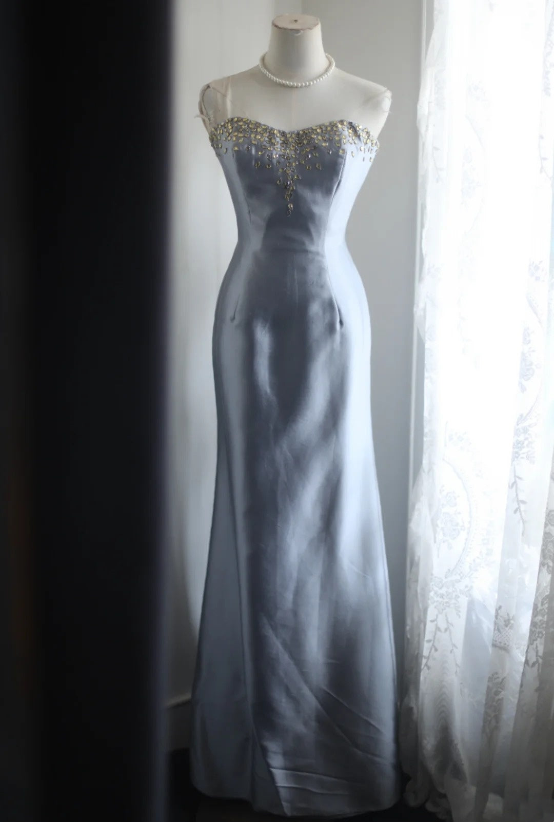 Sweetheart Light Blue Mermaid Satin Prom Dress Beaded Evening Dress  P1911