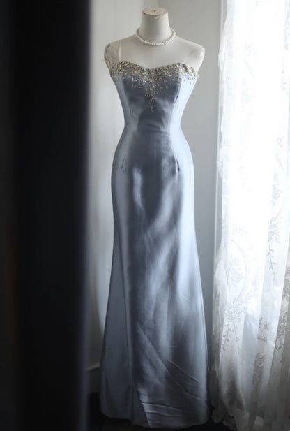 Sweetheart Light Blue Mermaid Satin Prom Dress Beaded Evening Dress  P1911