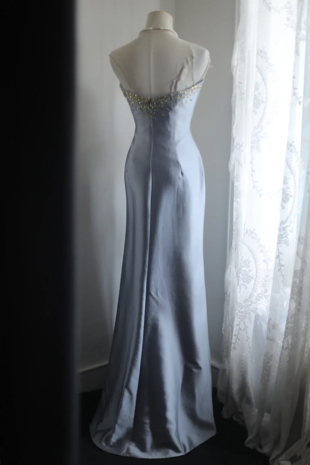 Sweetheart Light Blue Mermaid Satin Prom Dress Beaded Evening Dress  P1911
