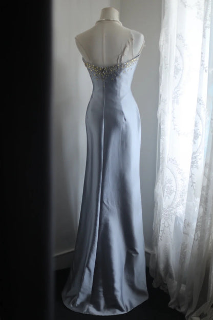 Sweetheart Light Blue Mermaid Satin Prom Dress Beaded Evening Dress  P1911